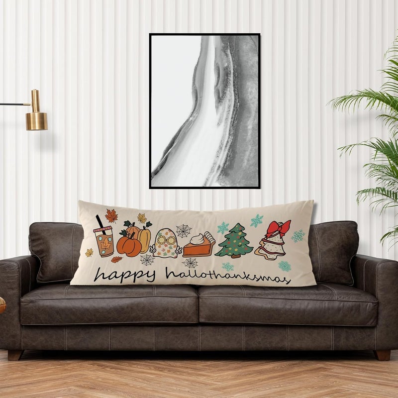 Exqcom Store Halloween Thanksgiving Christmas Body Pillow Covers 20x54, Fall Home Decor, Happy Hallothanksmas Long Body Pillow Case Cover with Hidden Zipper for Women Men Adults Kids Girls Boys - Image 4